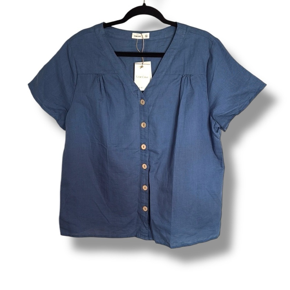 NWT Grae Cove Linen/Cotton Button Down Short Sleeve Blouse Size XL